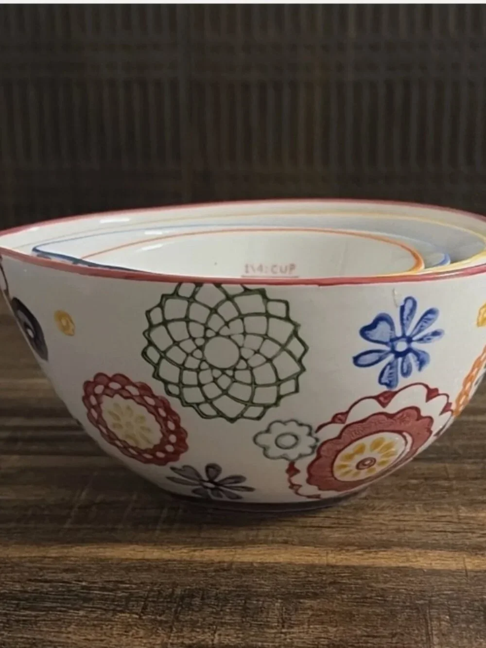 Pier 1 Imports Floral Hand Painted Stoneware Nesting Measuring Cups Set of 4